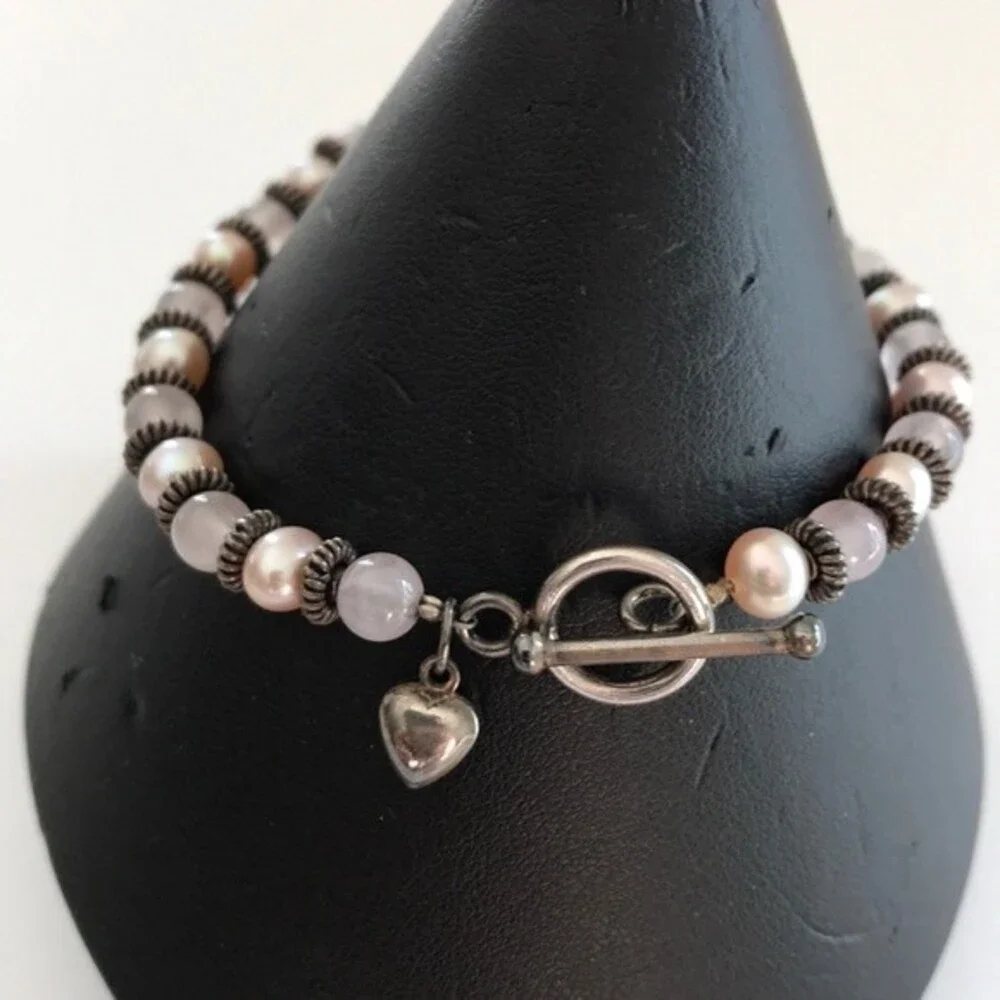 Vintage Handmade Mauve Pearls Rose Quartz Sterling Silver Charm Toggle Bracelet - Picture 2 of 9